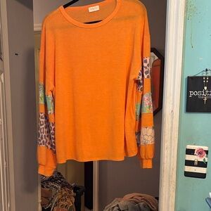 Women’s Orange Long Sleeve Tee with Patchwork Sleeves